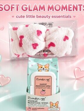 The Crème Shop Peach Makeup Removing Wipes & Pink Heart Plush Headband Set